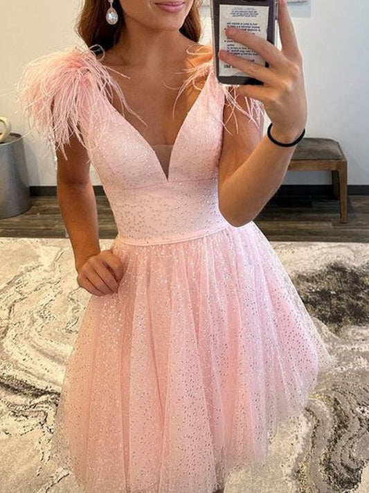 A-Line/Princess Ruffles V-neck Sleeveless Short/Mini Prom Dress