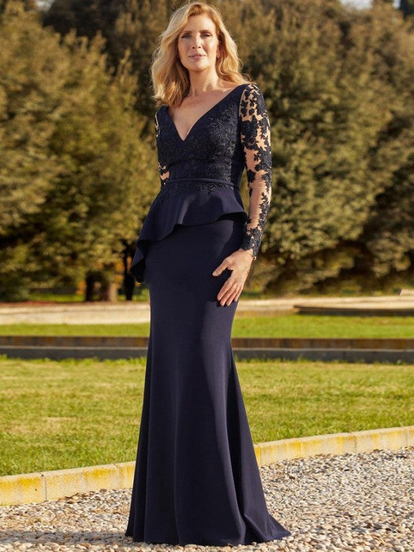 Sheath/Column Stretch Crepe Applique V-neck Long Sleeves Floor-Length Mother of the Bride Dress