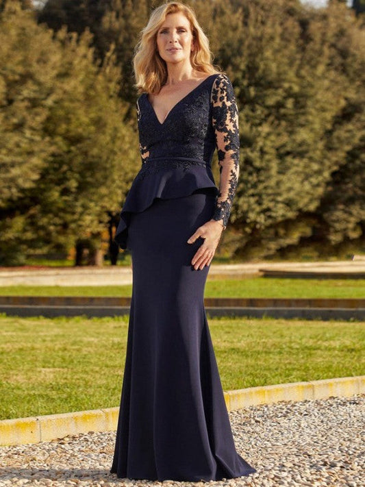 Sheath/Column Stretch Crepe Applique V-neck Long Sleeves Floor-Length Mother of the Bride Dress