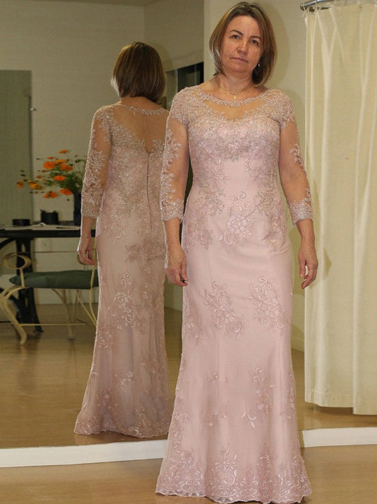 Sheath/Column Lace Applique Scoop Long Sleeves Floor-Length Plus Size Mother of the Bride Dress