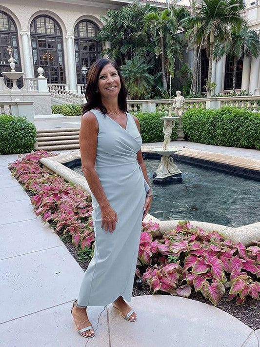 Sheath/Column Stretch Crepe Ruched V-neck Sleeveless Ankle-Length Mother of the Bride Dress