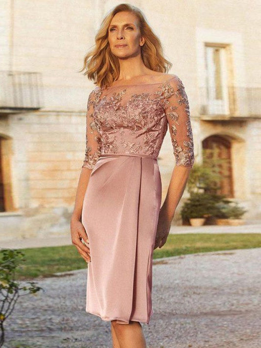 Sheath/Column Elastic Woven Satin Applique Off-the-Shoulder 1/2 Sleeves Knee-Length Mother of the Bride Dress