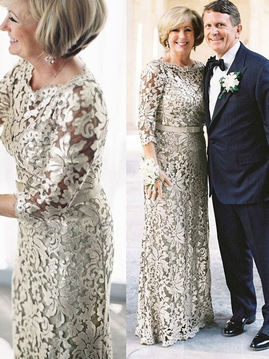 Sheath/Column Lace Sash/Ribbon/Belt Scoop 3/4 Sleeves Floor-Length Mother of the Bride Dress