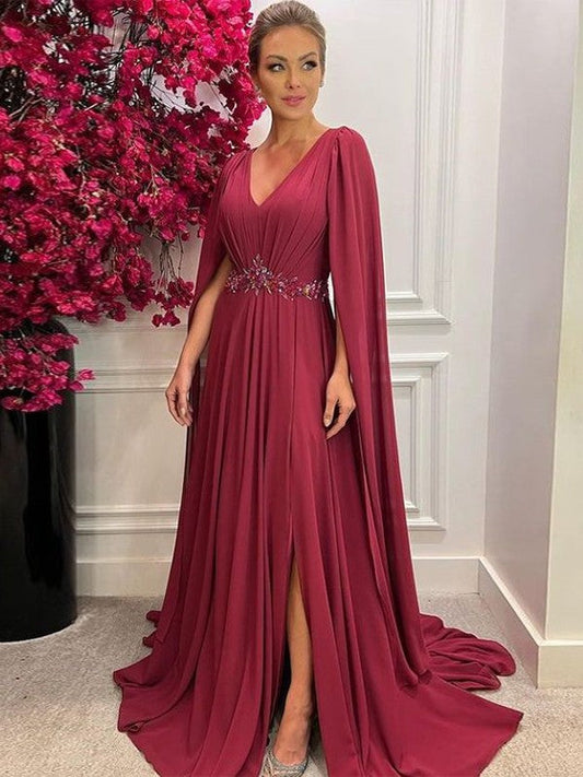 A-Line/Princess Chiffon Ruched V-neck Long Sleeves Court Train Mother of the Bride Dress