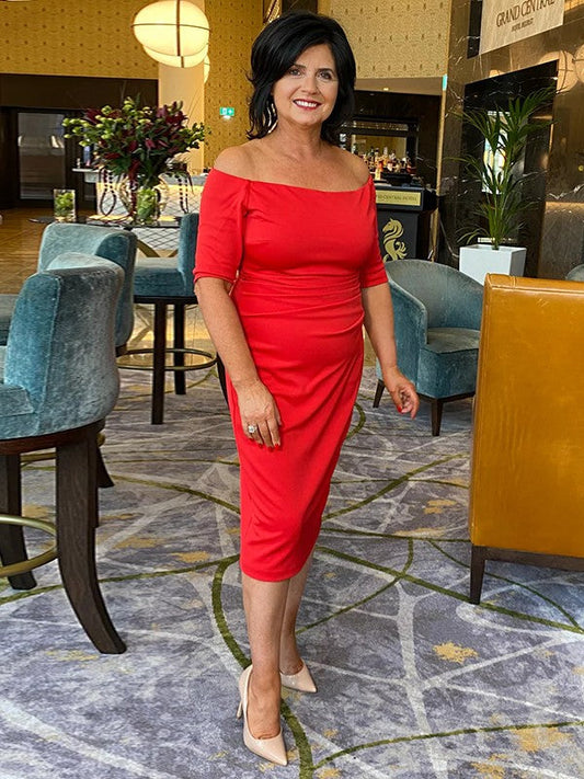 Sheath/Column Stretch Crepe Ruched Off-the-Shoulder 1/2 Sleeves Tea-Length Mother of the Bride Dress