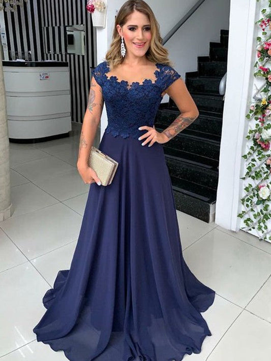 A-Line/Princess Chiffon Lace Scoop Sleeveless Sweep/Brush Train Mother of the Bride Dress