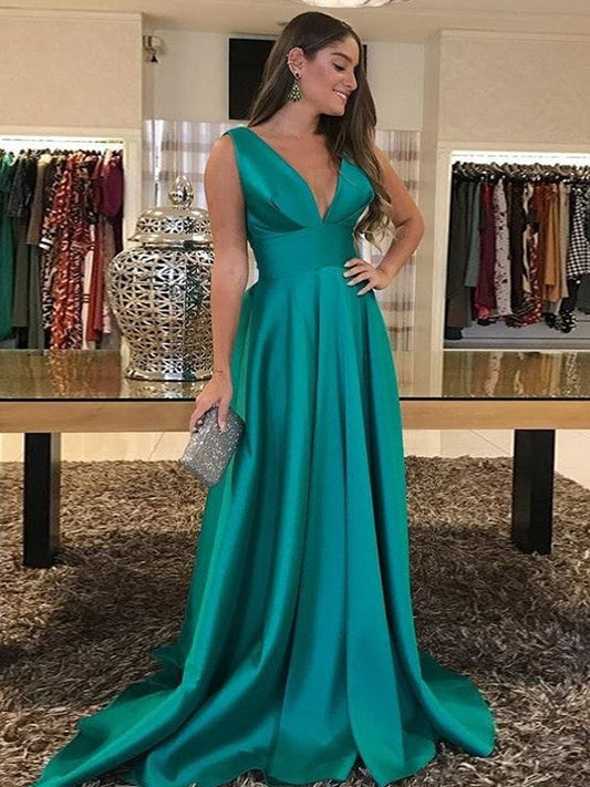 A-Line/Princess Satin Ruffles V-neck Sleeveless Sweep/Brush Train Mother of the Bride Dress
