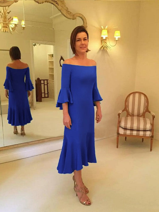 Sheath/Column Stretch Crepe Ruffles Off-the-Shoulder 3/4 Sleeves Tea-Length Mother of the Bride Dress