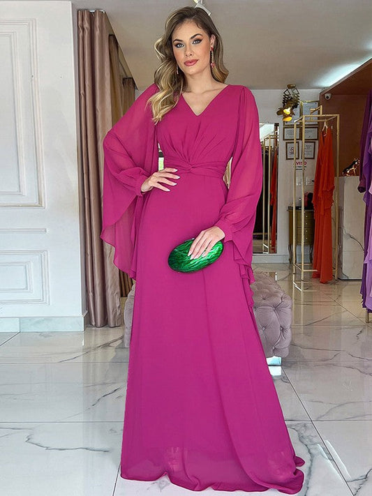 A-Line/Princess Chiffon Ruched V-neck Long Sleeves Floor-Length Mother of the Bride Dress