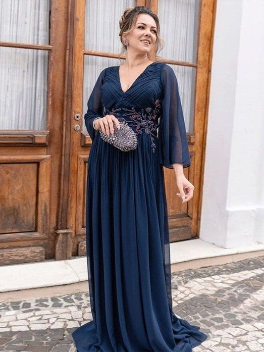 A-Line/Princess Chiffon Applique V-neck Long Sleeves Sweep/Brush Train Mother of the Bride Dress
