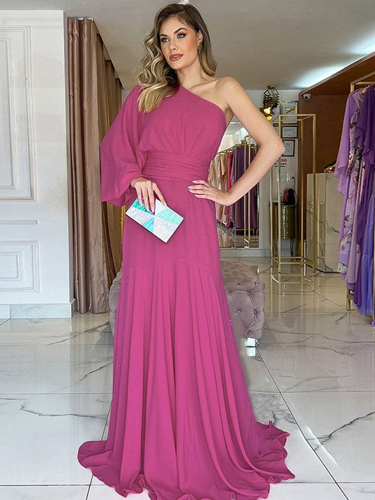 A-Line/Princess Chiffon Ruched One-Shoulder Long Sleeves Sweep/Brush Train Mother of the Bride Dress