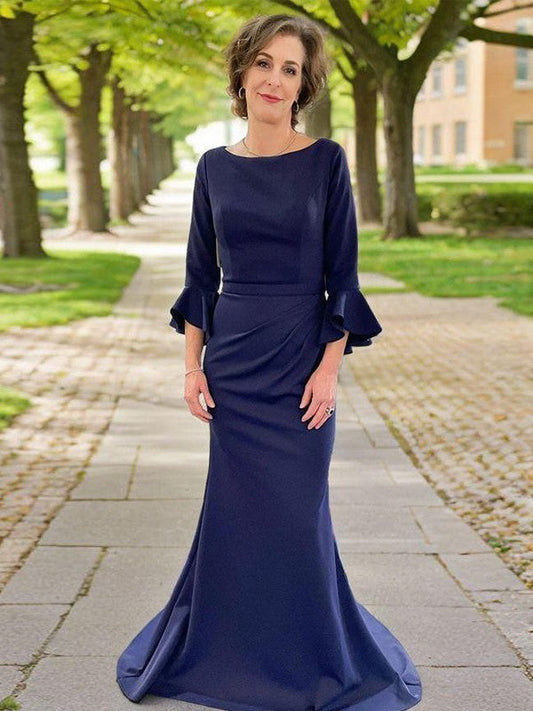 Sheath Scoop 3/4 Sleeves Pleated Sweep Train Charmeuse Mother of the Bride Dress
