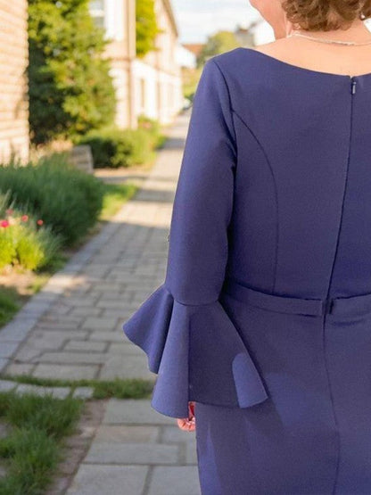 Sheath Scoop 3/4 Sleeves Pleated Sweep Train Charmeuse Mother of the Bride Dress