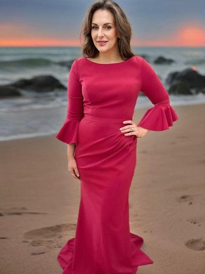 Sheath Scoop 3/4 Sleeves Pleated Sweep Train Charmeuse Mother of the Bride Dress