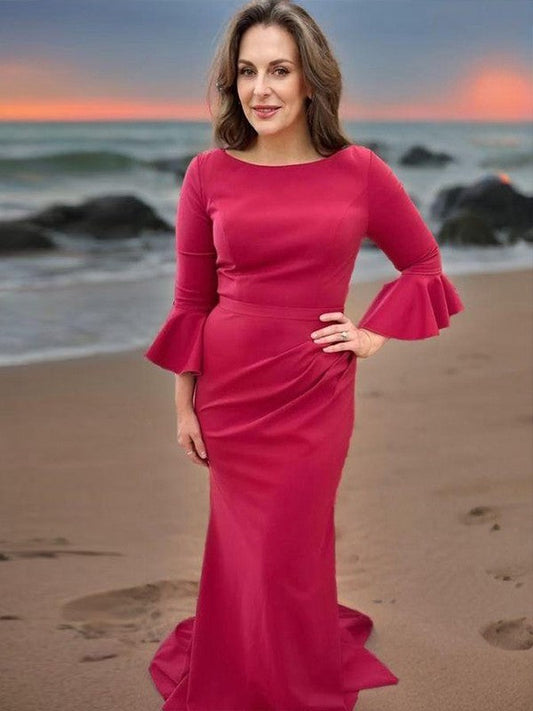 Sheath Scoop 3/4 Sleeves Pleated Sweep Train Charmeuse Mother of the Bride Dress