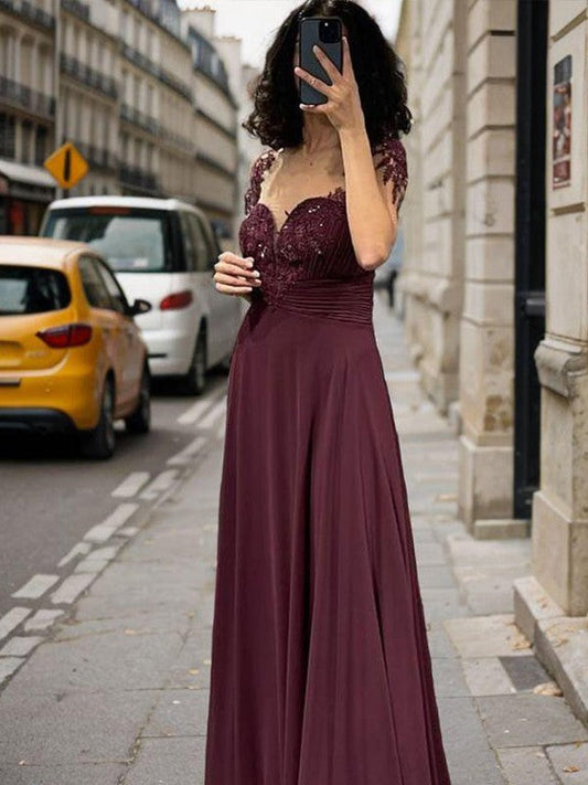 A-line Sweetheart Short Sleeves Appliques Lace Floor-Length Chiffon Mother of the Bride Dress