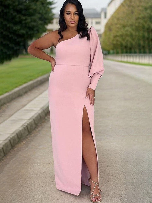 Sheath One-Shoulder Long Sleeves  Floor-Length Stretch Crepe Mother of the Bride Dress