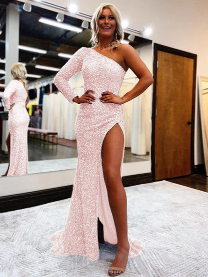 Sheath/Column Velvet Sequins One-Shoulder Long Sleeves Sweep/Brush Train Prom Dress