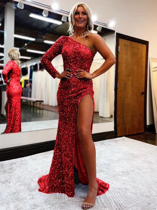 Sheath/Column Velvet Sequins One-Shoulder Long Sleeves Sweep/Brush Train Prom Dress