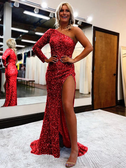 Sheath/Column Velvet Sequins One-Shoulder Long Sleeves Sweep/Brush Train Prom Dress