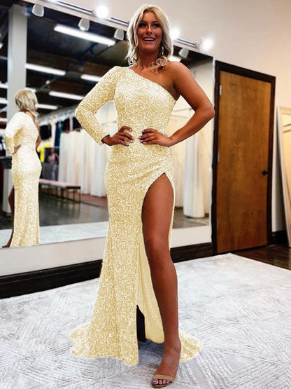 Sheath/Column Velvet Sequins One-Shoulder Long Sleeves Sweep/Brush Train Prom Dress