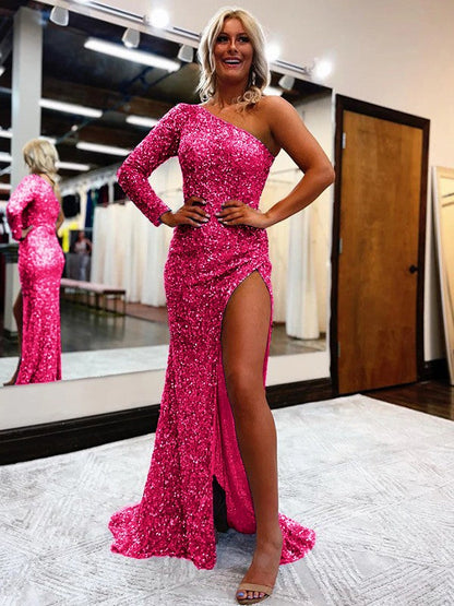 Sheath/Column Velvet Sequins One-Shoulder Long Sleeves Sweep/Brush Train Prom Dress