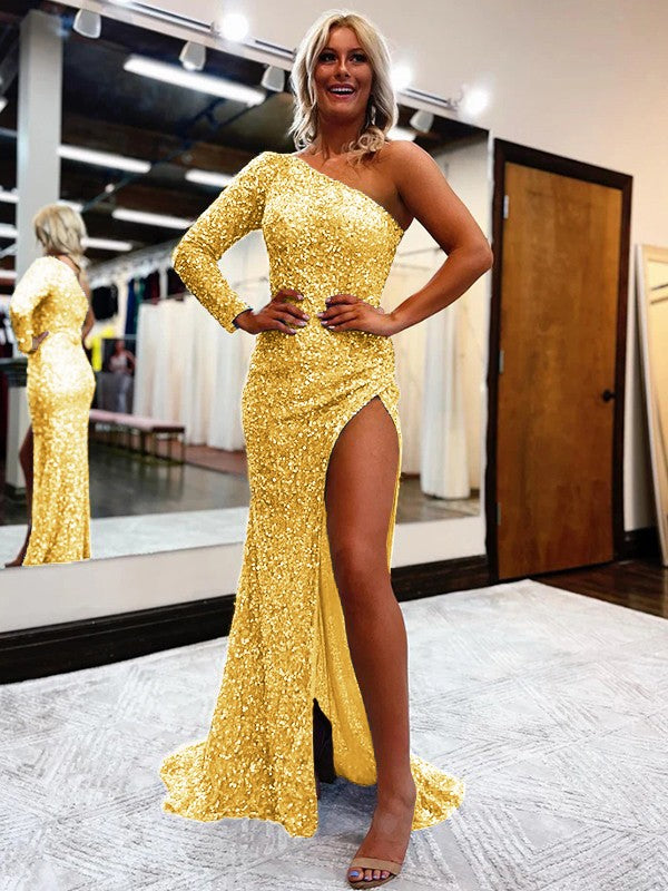 Sheath/Column Velvet Sequins One-Shoulder Long Sleeves Sweep/Brush Train Prom Dress