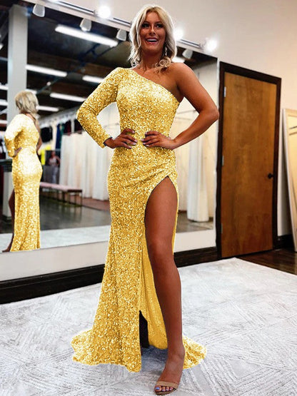 Sheath/Column Velvet Sequins One-Shoulder Long Sleeves Sweep/Brush Train Prom Dress