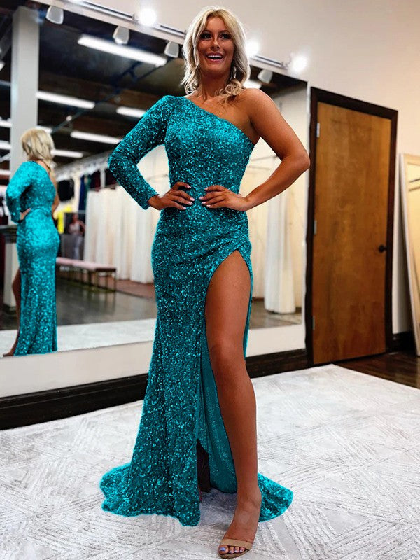 Sheath/Column Velvet Sequins One-Shoulder Long Sleeves Sweep/Brush Train Prom Dress