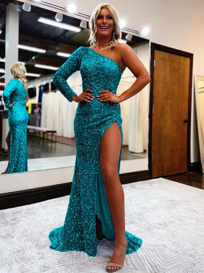 Sheath/Column Velvet Sequins One-Shoulder Long Sleeves Sweep/Brush Train Prom Dress