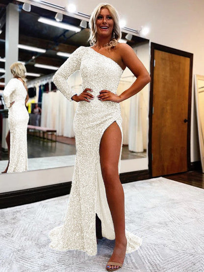 Sheath/Column Velvet Sequins One-Shoulder Long Sleeves Sweep/Brush Train Prom Dress
