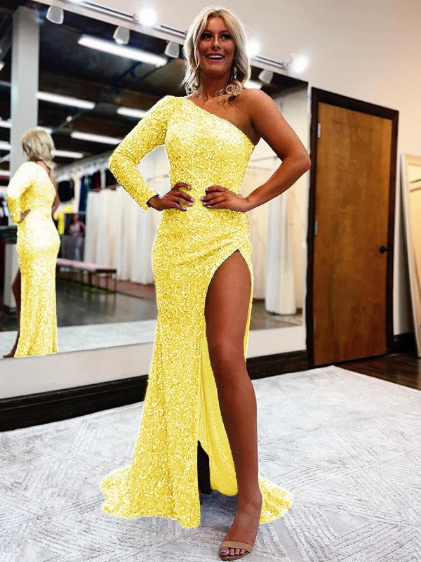 Sheath/Column Velvet Sequins One-Shoulder Long Sleeves Sweep/Brush Train Prom Dress