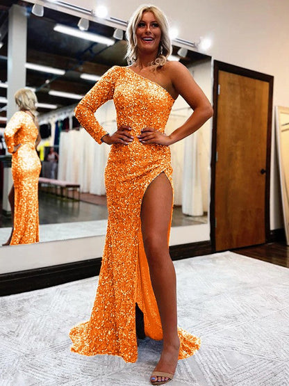 Sheath/Column Velvet Sequins One-Shoulder Long Sleeves Sweep/Brush Train Prom Dress