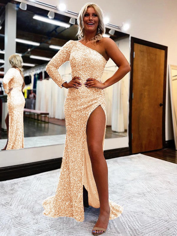 Sheath/Column Velvet Sequins One-Shoulder Long Sleeves Sweep/Brush Train Prom Dress