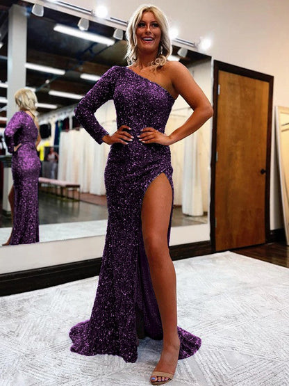 Sheath/Column Velvet Sequins One-Shoulder Long Sleeves Sweep/Brush Train Prom Dress