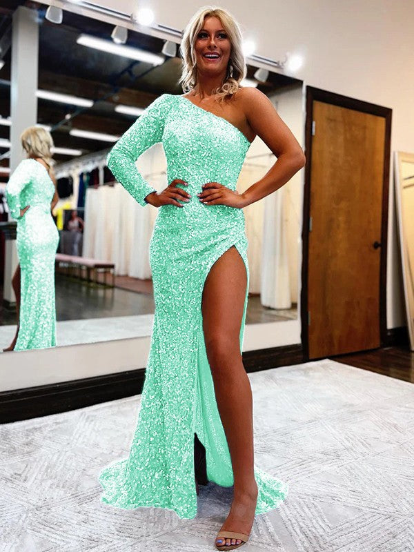 Sheath/Column Velvet Sequins One-Shoulder Long Sleeves Sweep/Brush Train Prom Dress