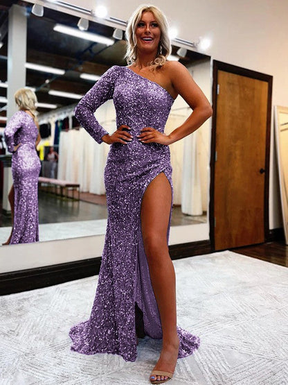 Sheath/Column Velvet Sequins One-Shoulder Long Sleeves Sweep/Brush Train Prom Dress