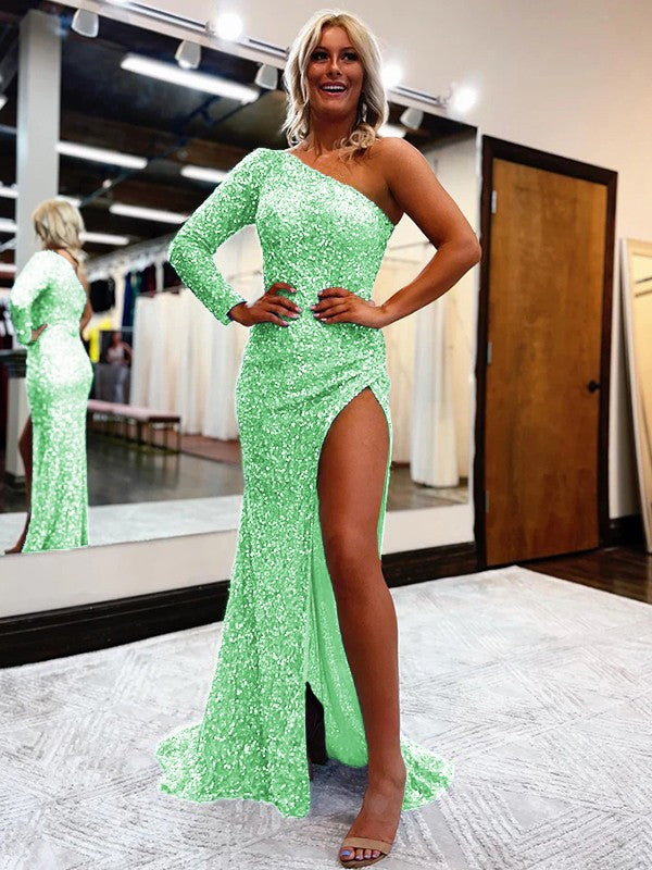 Sheath/Column Velvet Sequins One-Shoulder Long Sleeves Sweep/Brush Train Prom Dress