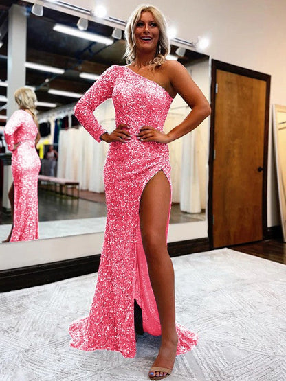 Sheath/Column Velvet Sequins One-Shoulder Long Sleeves Sweep/Brush Train Prom Dress