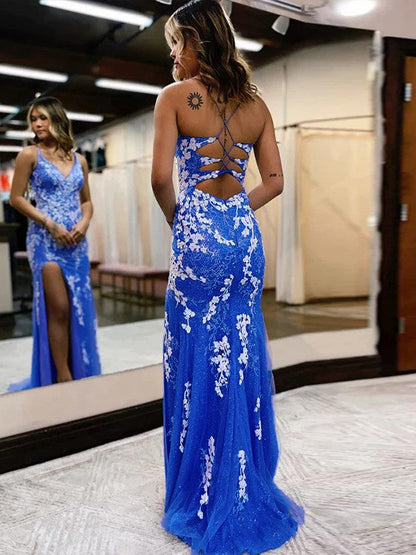 Sheath/Column Tulle Applique V-neck Sleeveless Sweep/Brush Train Prom Dress