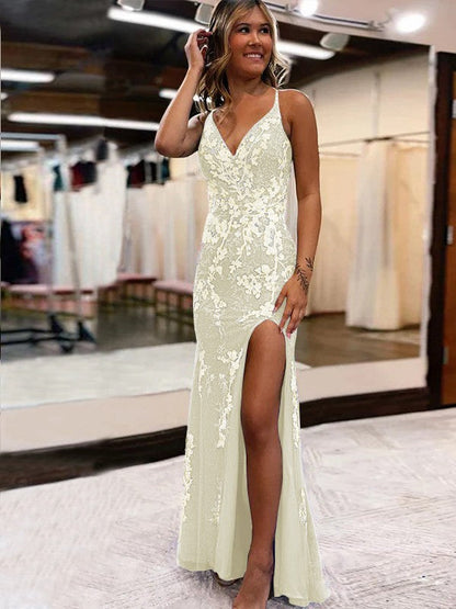 Sheath/Column Tulle Applique V-neck Sleeveless Sweep/Brush Train Prom Dress