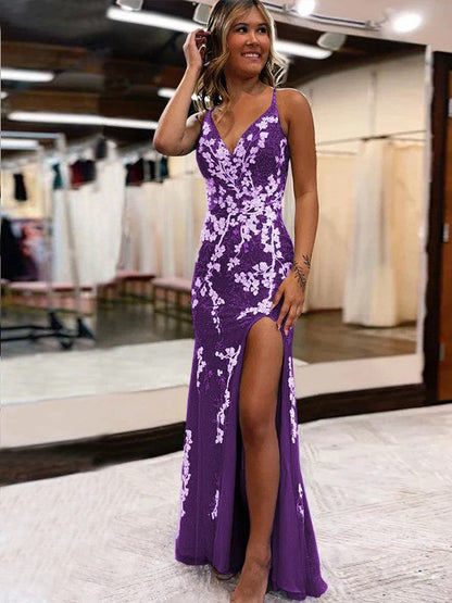 Sheath/Column Tulle Applique V-neck Sleeveless Sweep/Brush Train Prom Dress