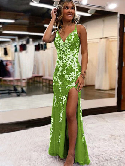 Sheath/Column Tulle Applique V-neck Sleeveless Sweep/Brush Train Prom Dress