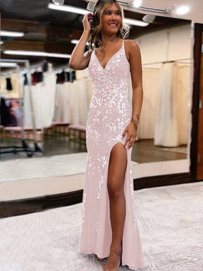 Sheath/Column Tulle Applique V-neck Sleeveless Sweep/Brush Train Prom Dress