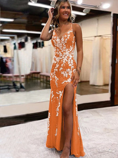 Sheath/Column Tulle Applique V-neck Sleeveless Sweep/Brush Train Prom Dress