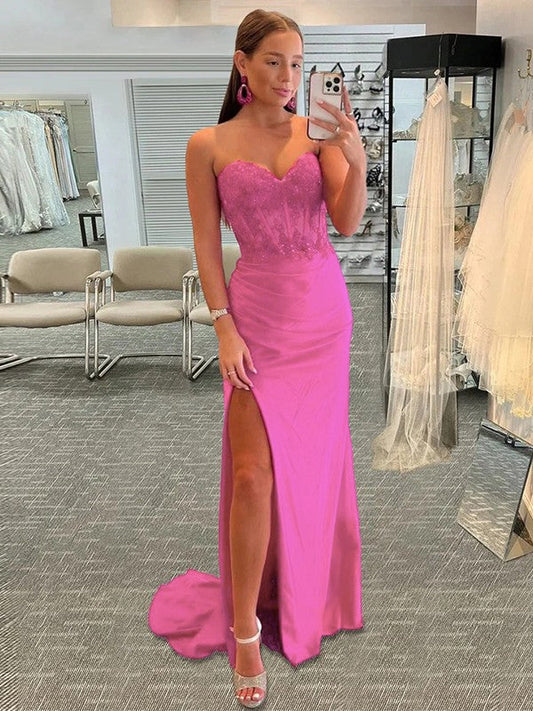 Sheath/Column Stretch Crepe Applique Sweetheart Sleeveless Sweep/Brush Train Corset Prom Dress