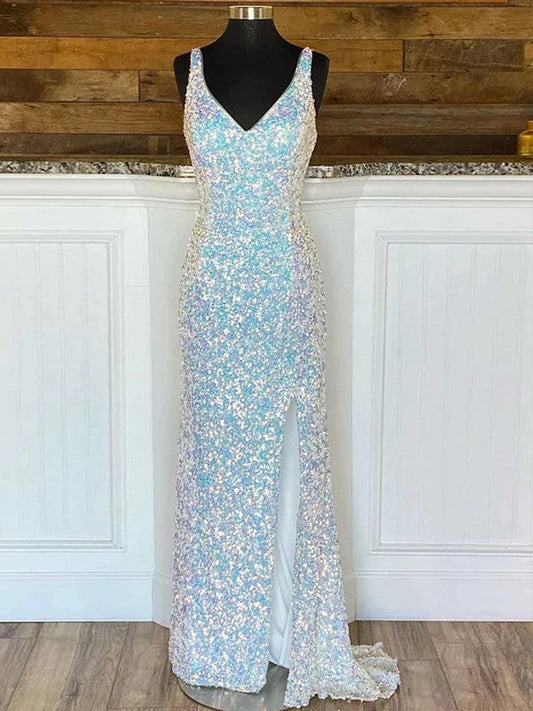 Sheath/Column Velvet Sequins V-neck Sleeveless Sweep/Brush Train Prom Dress