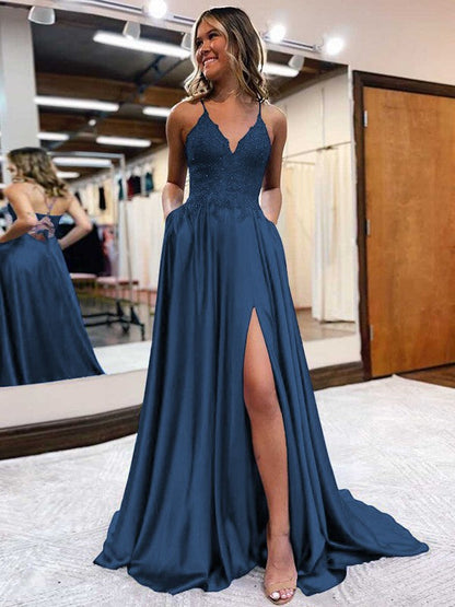 A-Line/Princess Elastic Woven Satin Applique V-neck Sleeveless Sweep/Brush Train Prom Dress