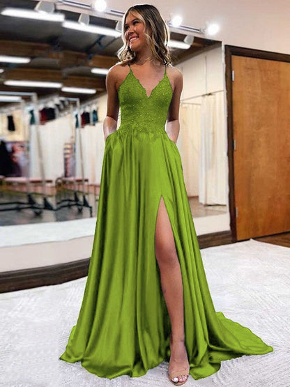 A-Line/Princess Elastic Woven Satin Applique V-neck Sleeveless Sweep/Brush Train Prom Dress