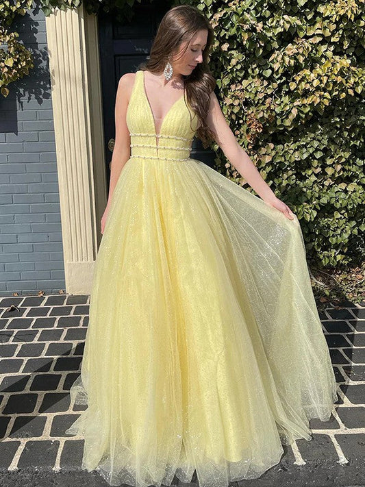 A-Line/Princess Ruffles V-neck Sleeveless Sweep/Brush Train Prom Dress